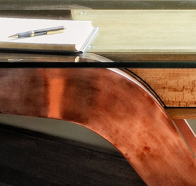 desk copper, spalted beech, oak ply and toughened glass
